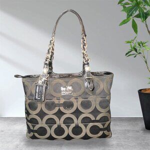 Coach Madison Tribeca Op Art Sateen Tote 14133 Black Gray Signature Shoulder Bag